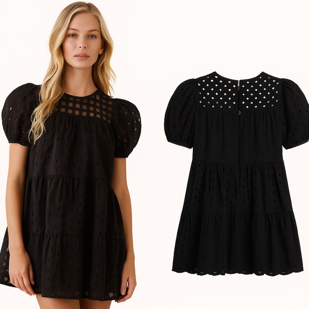 &Merci, Adorable,Completely Lined Black Eyelet Puff Sleeve Cotton Dress,Size S - Picture 2 of 12